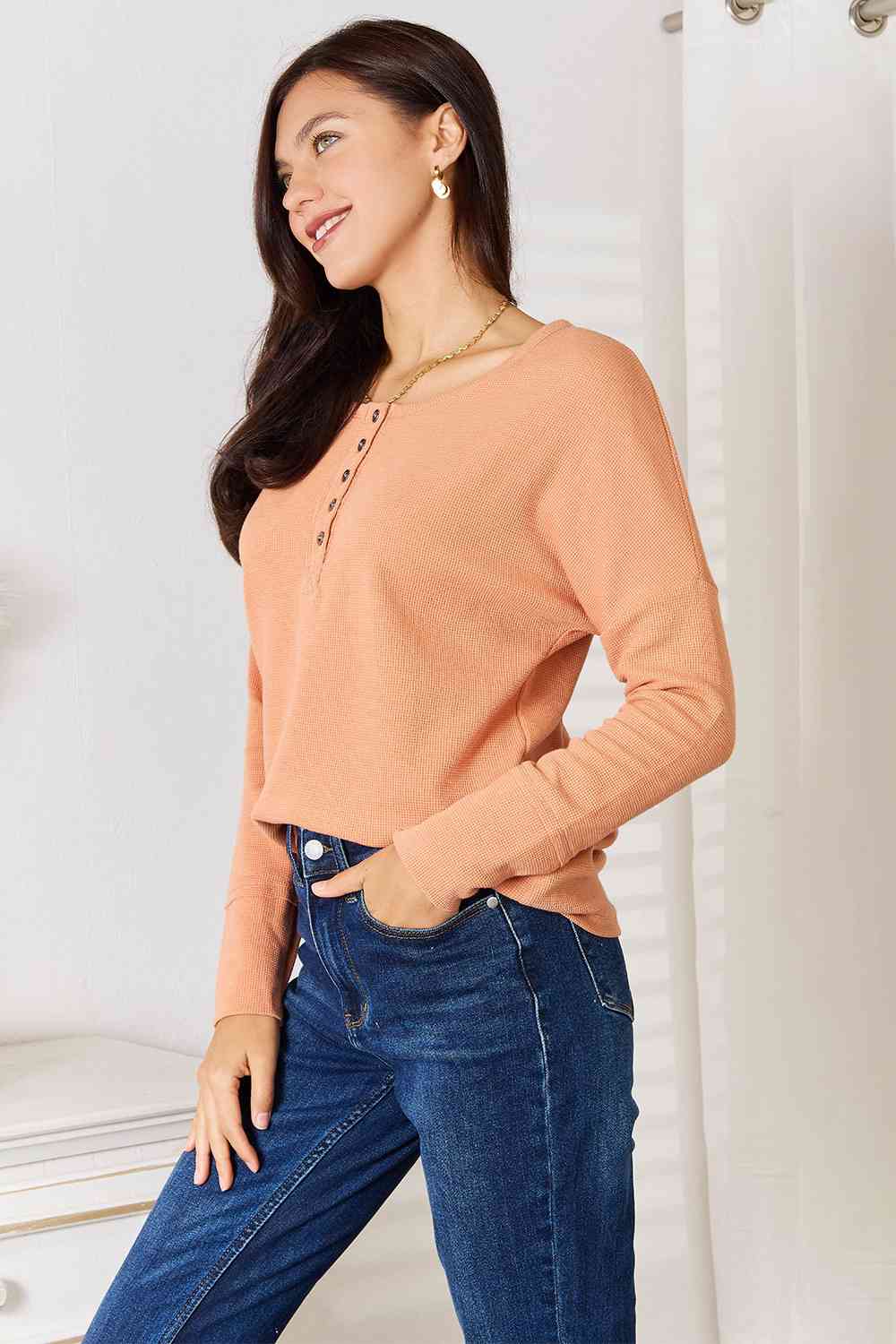 Basic Bae Half Button Long Sleeve Top - Loulou Boutique
