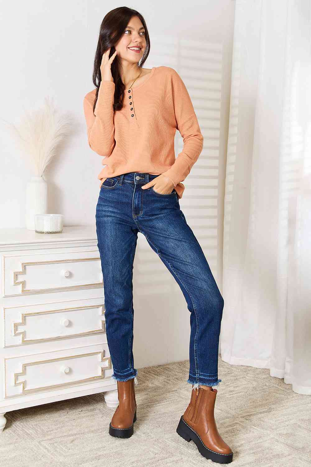Basic Bae Half Button Long Sleeve Top - Loulou Boutique