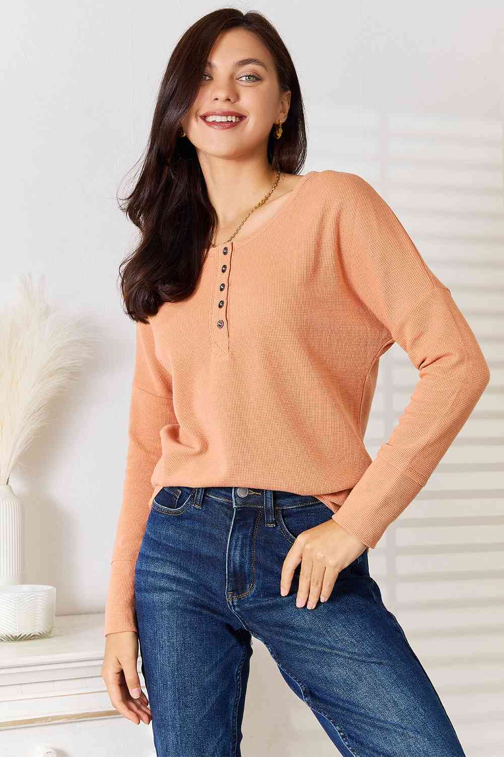 Basic Bae Half Button Long Sleeve Top - Loulou Boutique
