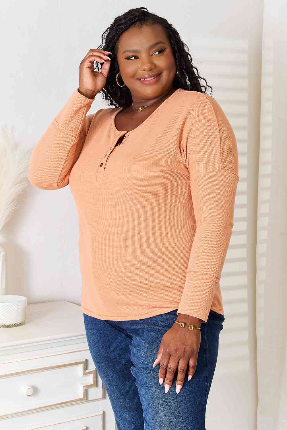 Basic Bae Half Button Long Sleeve Top - Loulou Boutique