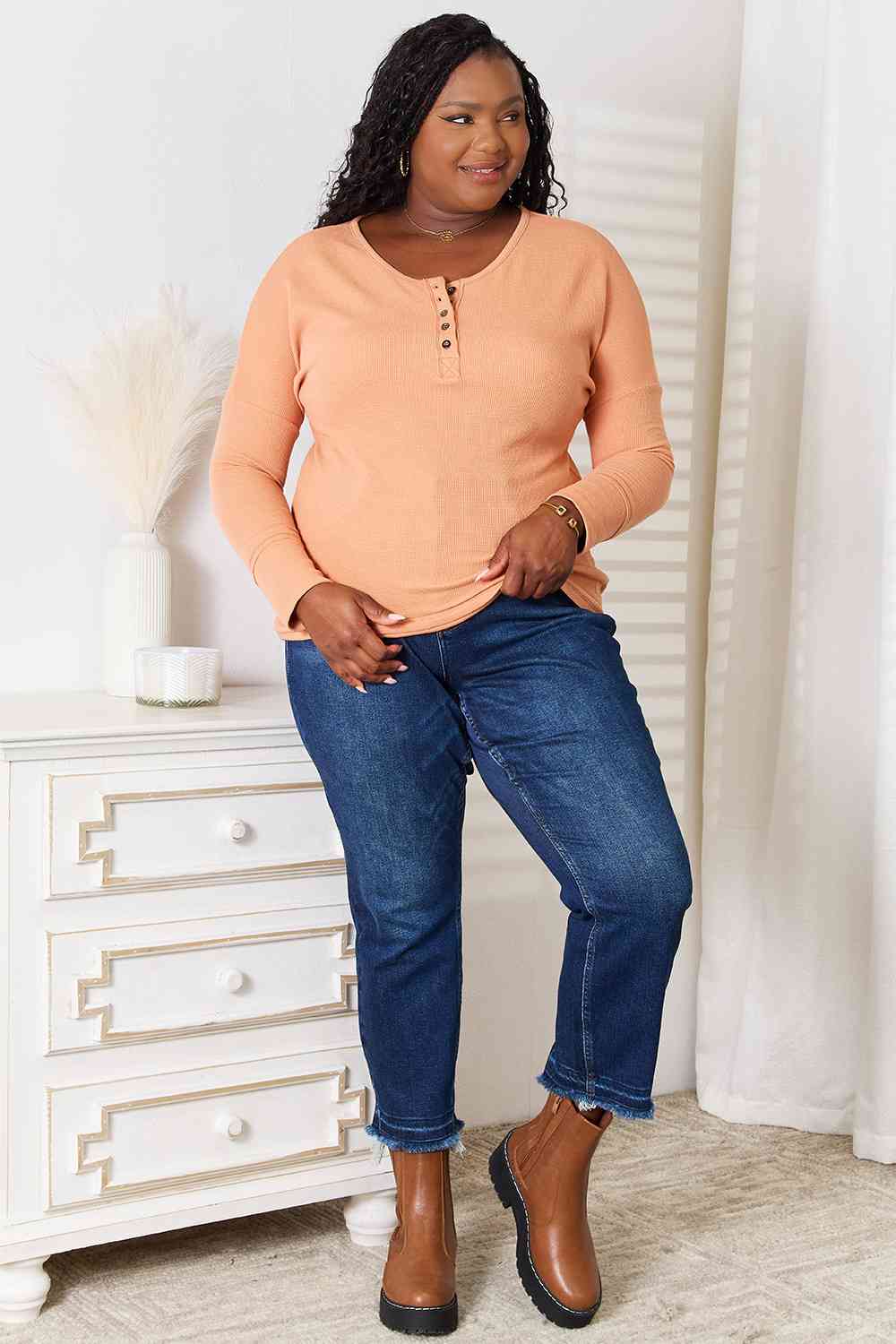 Basic Bae Half Button Long Sleeve Top - Loulou Boutique