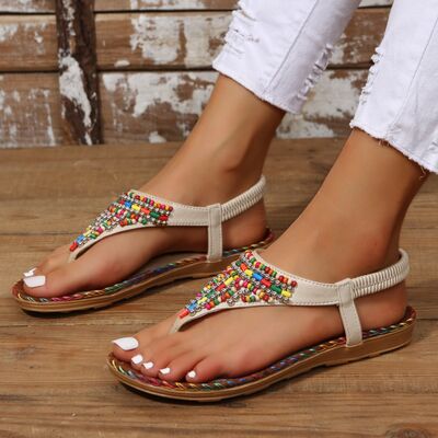 Beaded PU Leather Open Toe Sandals - Loulou Boutique