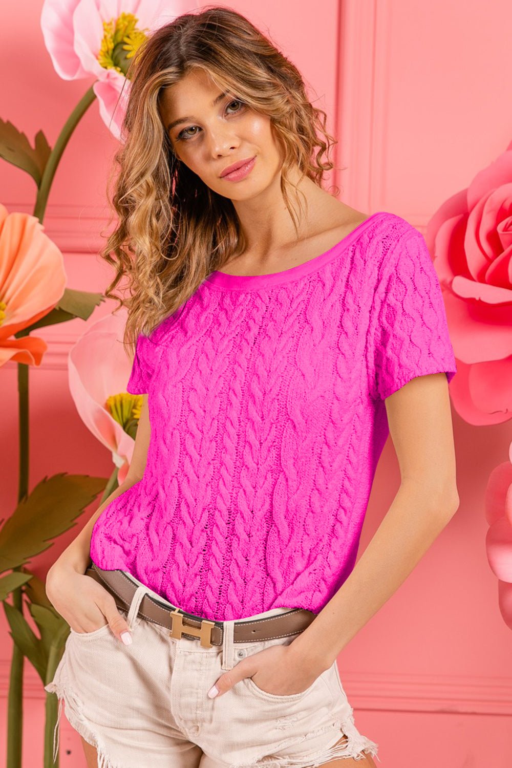 BiBi Cable Knit Short Sleeve Sweater - Loulou Boutique