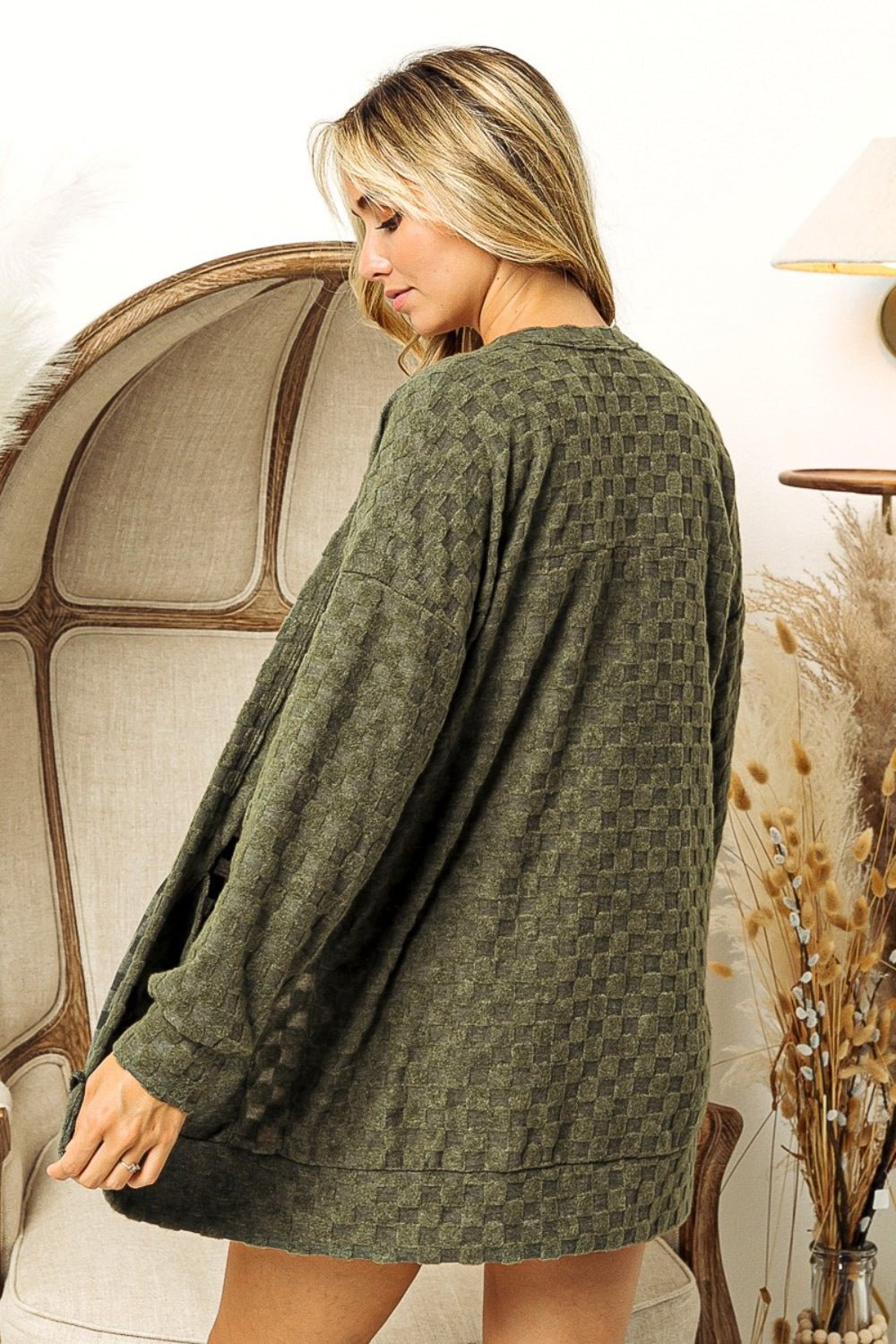 BiBi Checkered Long Sleeve Open Front Cardigan - Loulou Boutique