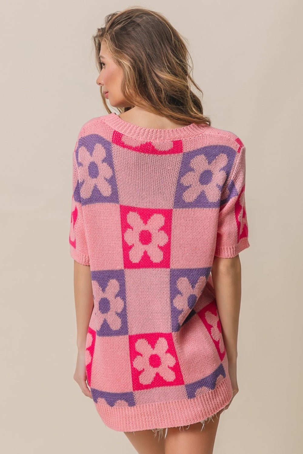 BiBi Flower Checker Pattern Short Sleeve Sweater - Loulou Boutique