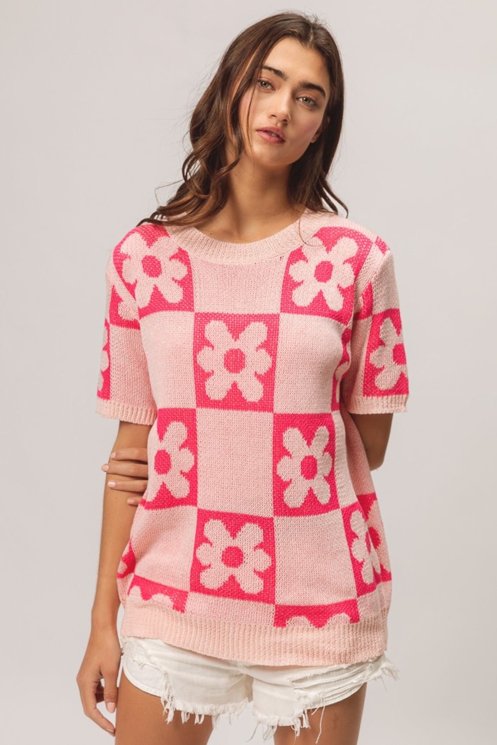 BiBi Flower Checker Pattern Short Sleeve Sweater - Loulou Boutique