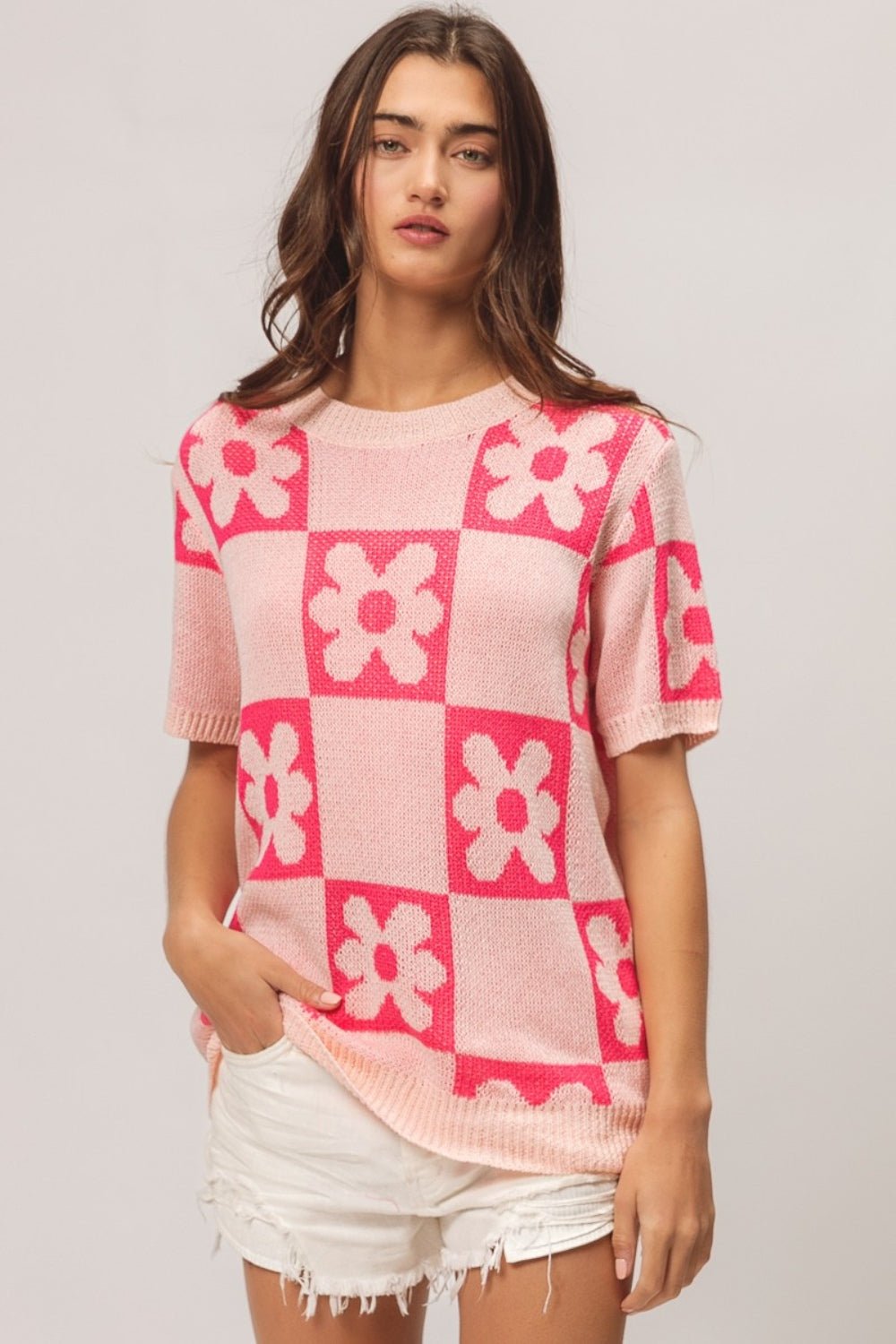 BiBi Flower Checker Pattern Short Sleeve Sweater - Loulou Boutique