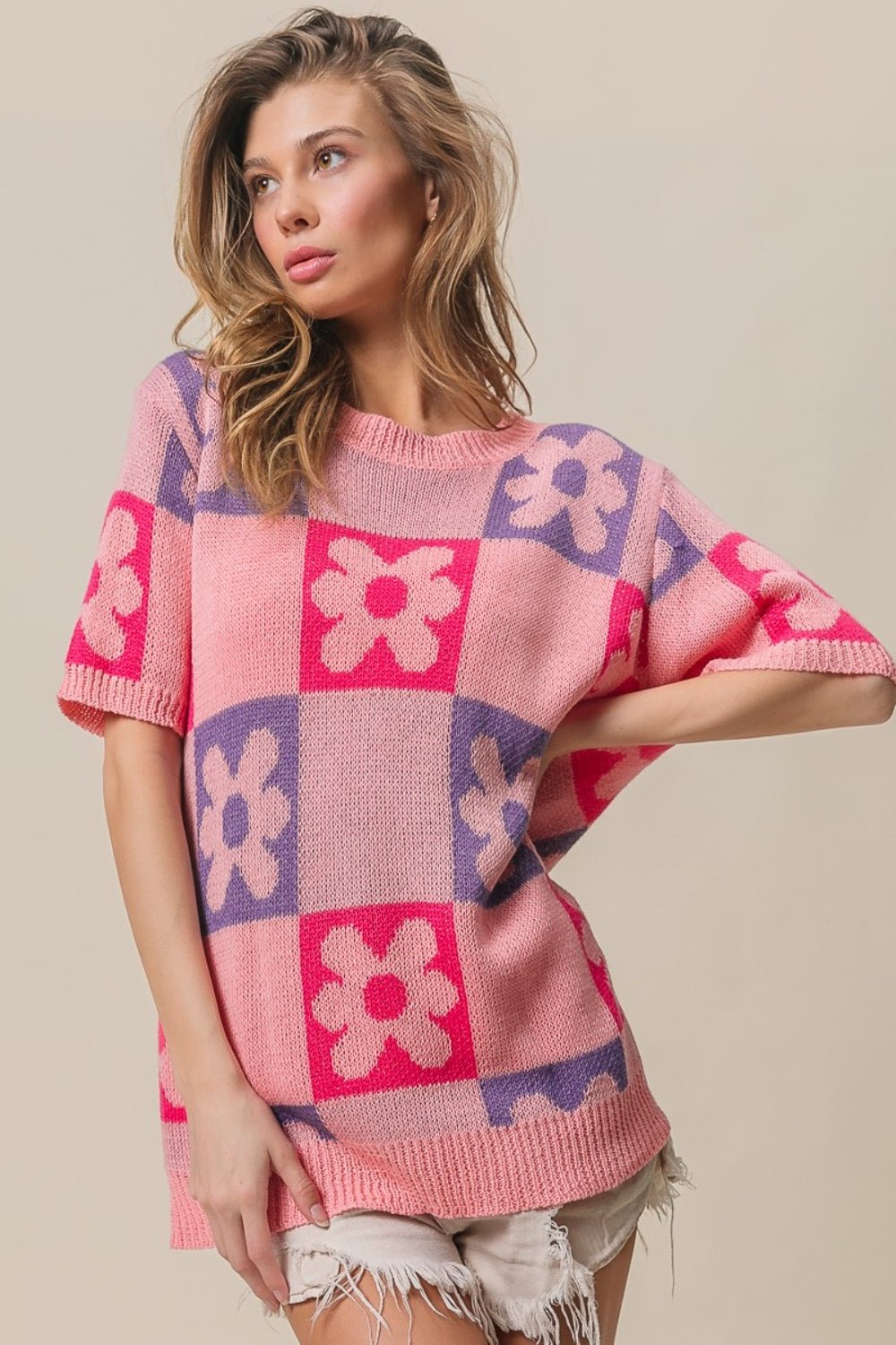 BiBi Flower Checker Pattern Short Sleeve Sweater - Loulou Boutique