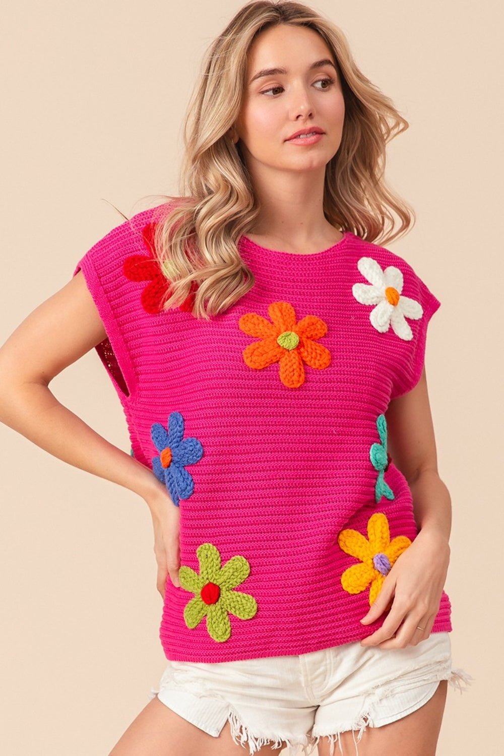 BiBi Flower Round Neck Cap Sleeve Knit Top - Loulou Boutique