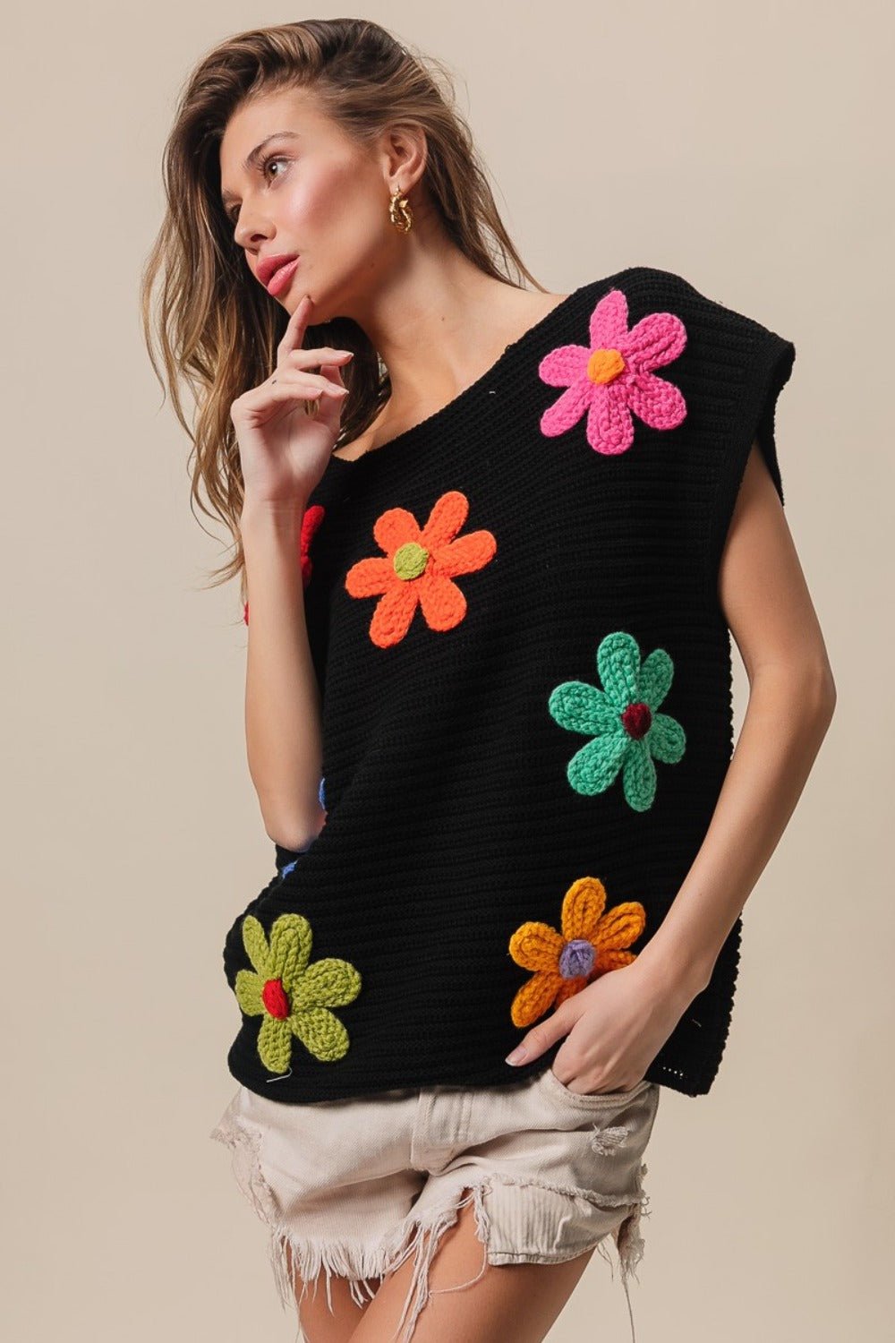 BiBi Flower Round Neck Cap Sleeve Knit Top - Loulou Boutique