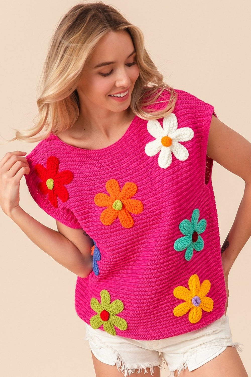 BiBi Flower Round Neck Cap Sleeve Knit Top - Loulou Boutique
