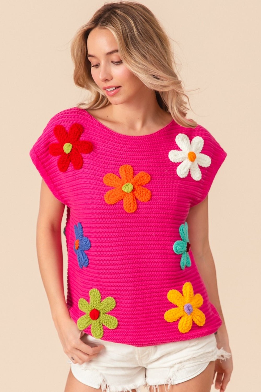 BiBi Flower Round Neck Cap Sleeve Knit Top - Loulou Boutique