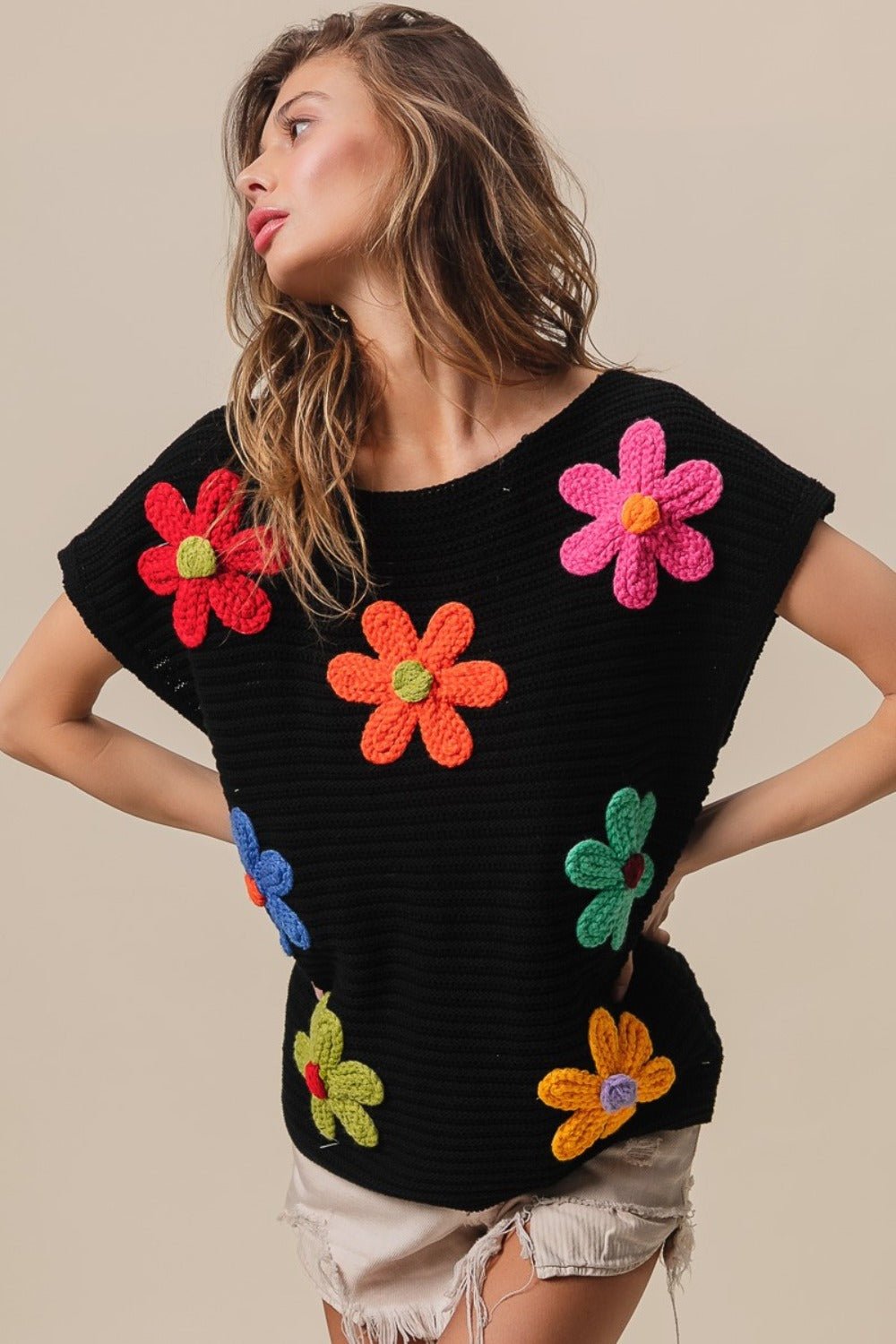 BiBi Flower Round Neck Cap Sleeve Knit Top - Loulou Boutique