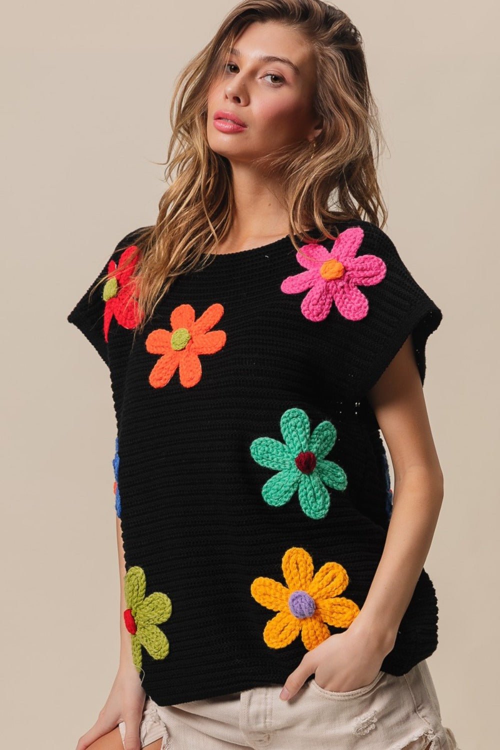 BiBi Flower Round Neck Cap Sleeve Knit Top - Loulou Boutique