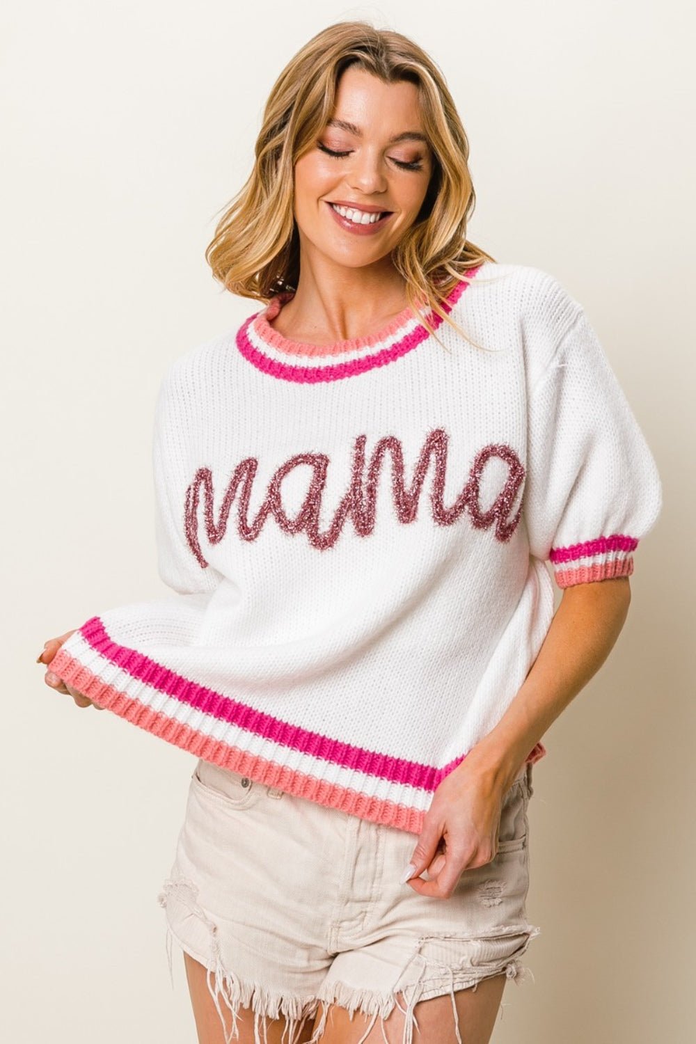 BiBi MAMA Contrast Trim Short Sleeve Sweater - Loulou Boutique
