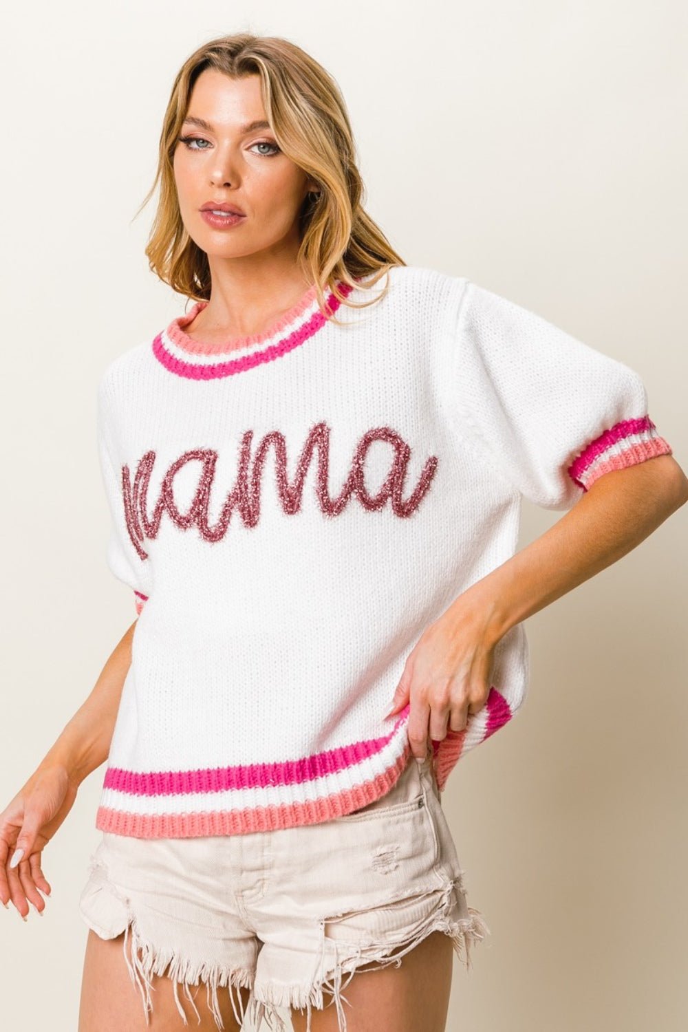 BiBi MAMA Contrast Trim Short Sleeve Sweater - Loulou Boutique