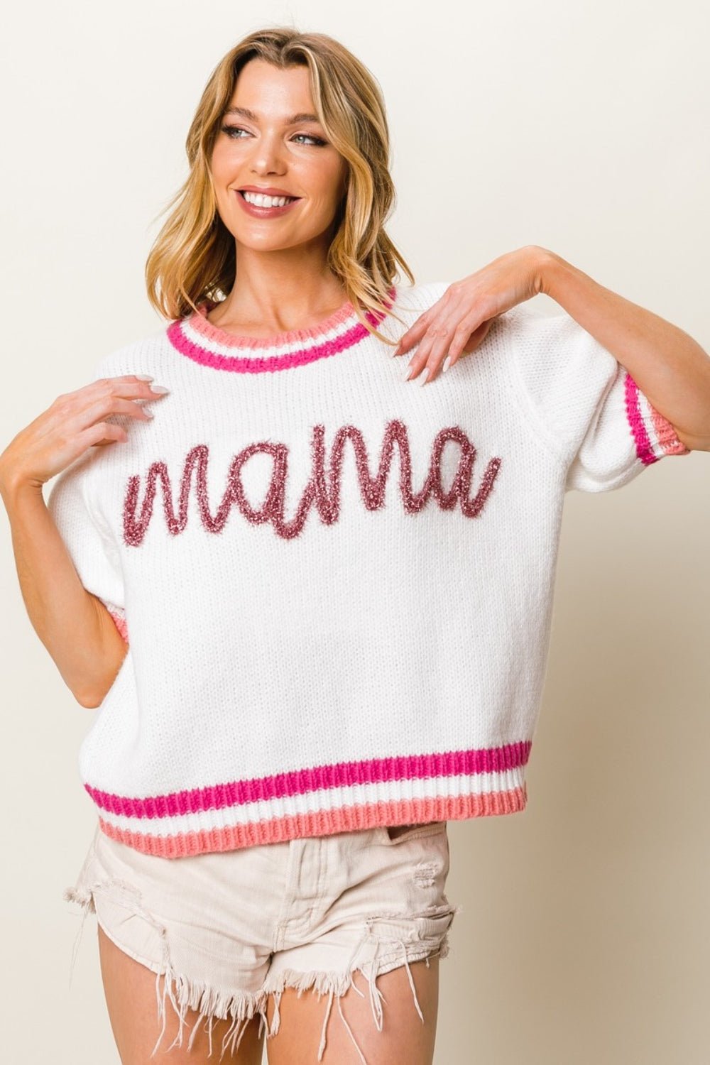BiBi MAMA Contrast Trim Short Sleeve Sweater - Loulou Boutique