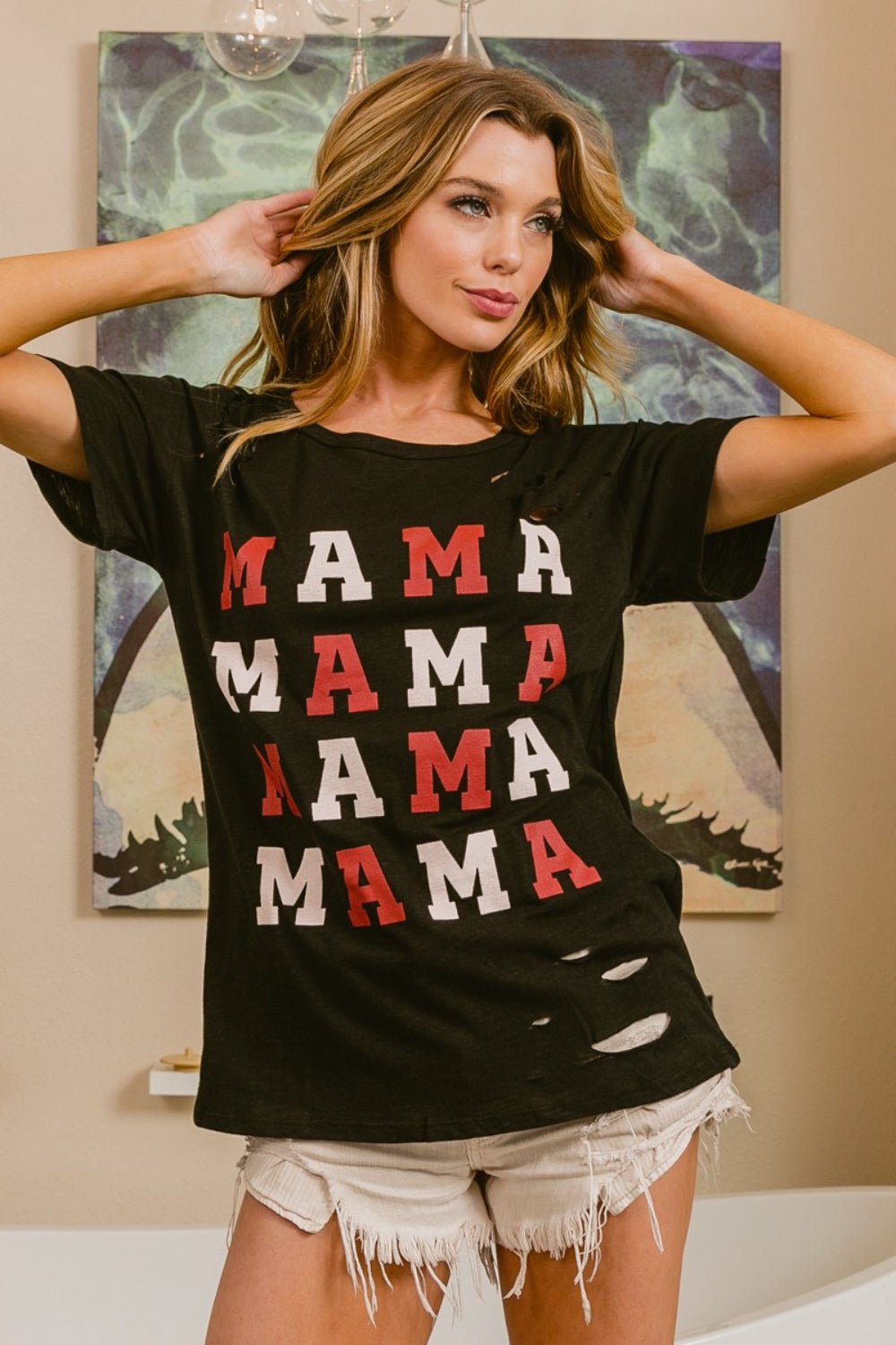 BiBi MAMA Graphic Distressed Short Sleeve T-Shirt - Loulou Boutique