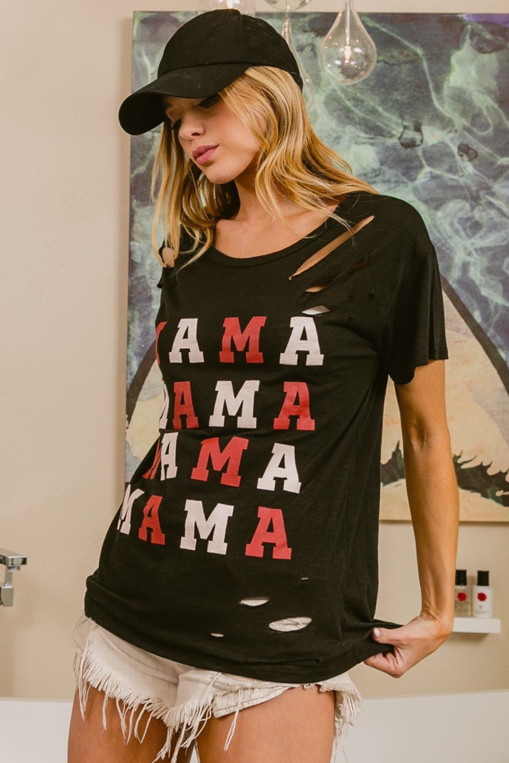 BiBi MAMA Graphic Distressed Short Sleeve T-Shirt - Loulou Boutique