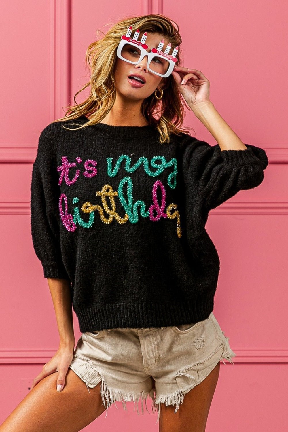 BiBi Metallic Letter Puff Sleeve Hairy Sweater - Loulou Boutique