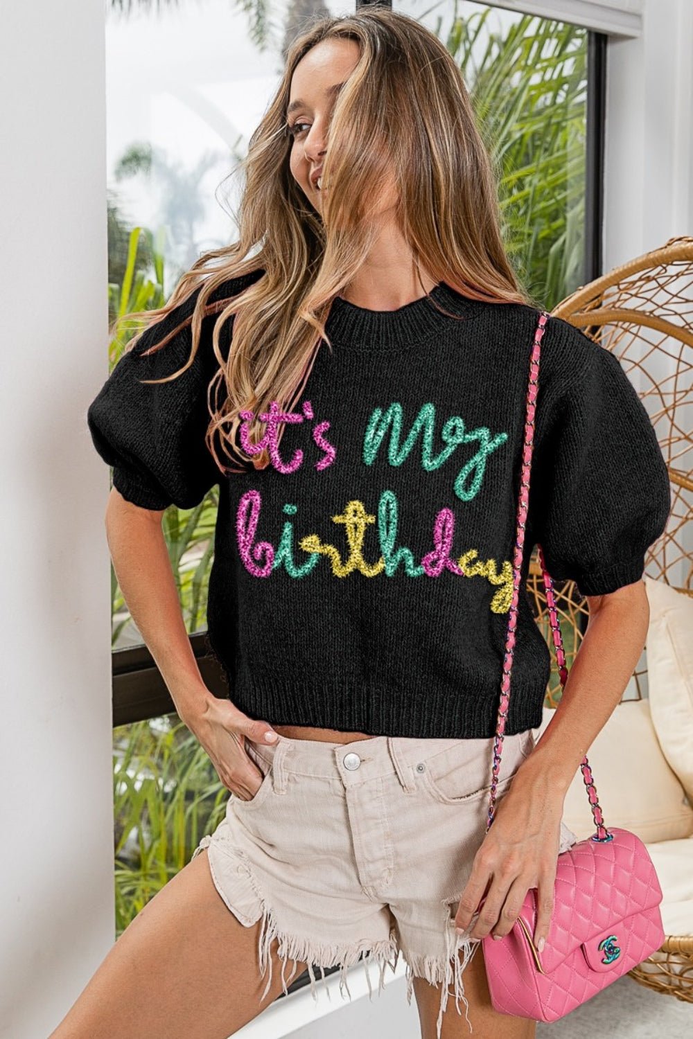 BiBi Metallic Letter Puff Sleeve Hairy Sweater - Loulou Boutique
