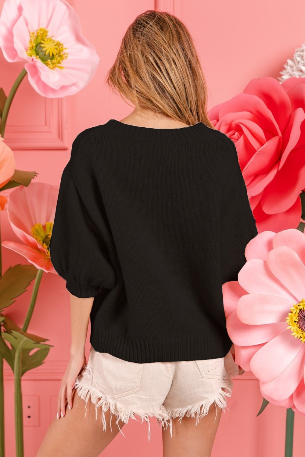 BiBi Metallic Letter Puff Sleeve Hairy Sweater - Loulou Boutique