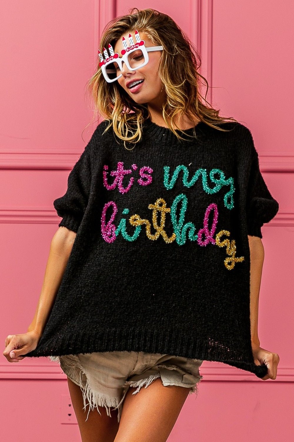 BiBi Metallic Letter Puff Sleeve Hairy Sweater - Loulou Boutique
