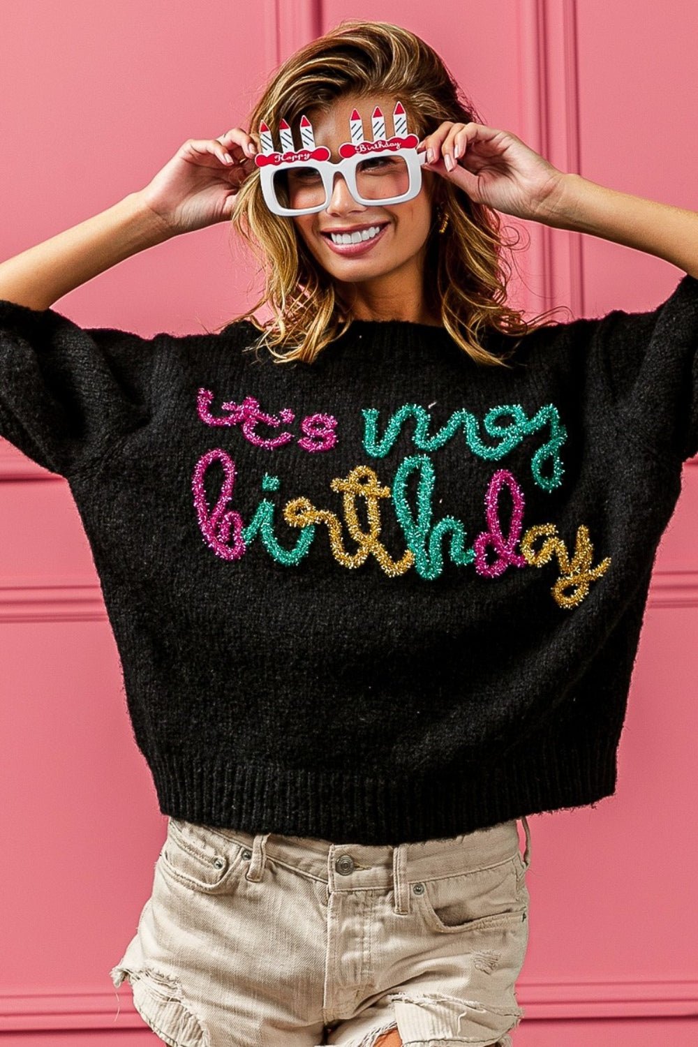 BiBi Metallic Letter Puff Sleeve Hairy Sweater - Loulou Boutique
