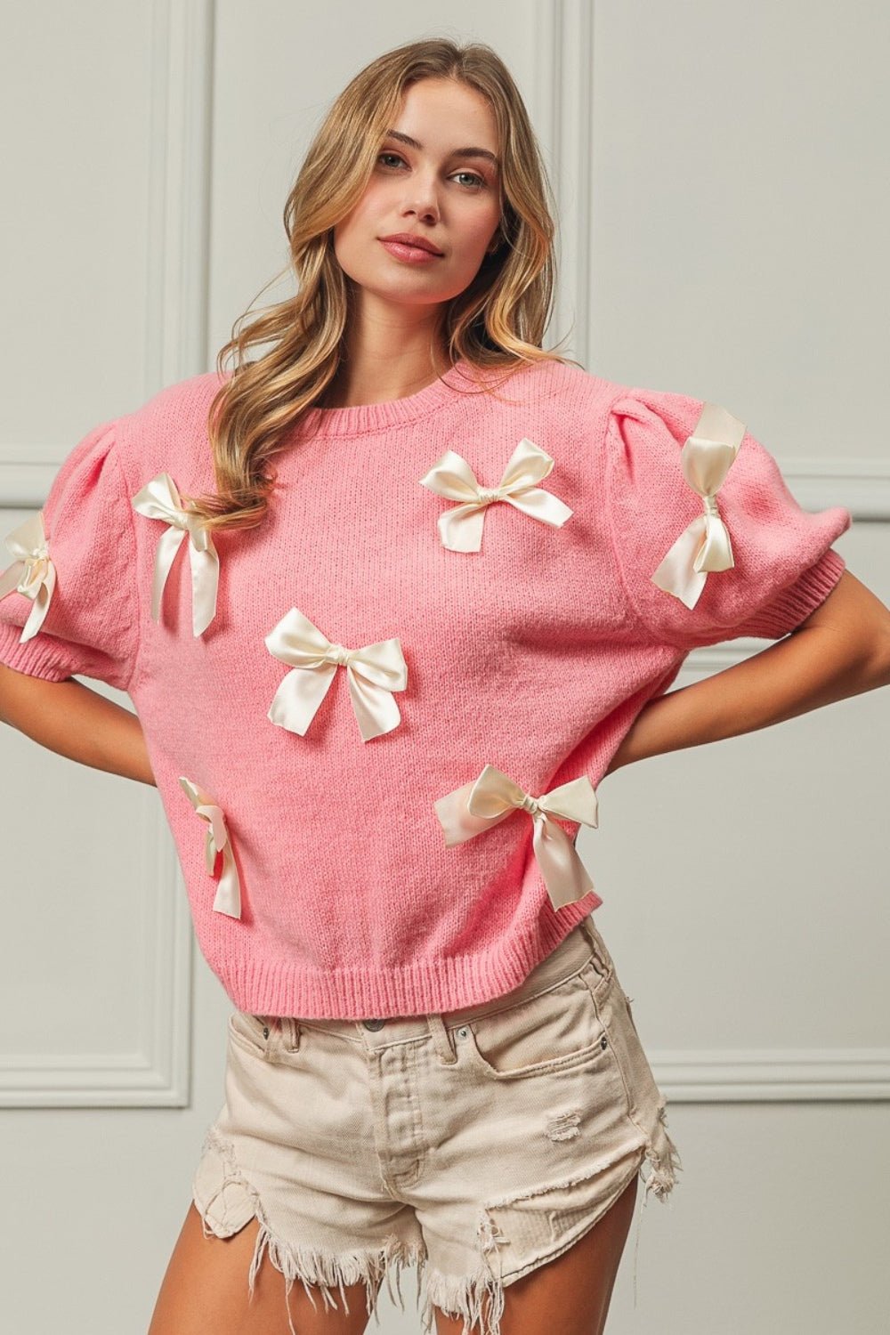 BiBi Ribbon Bow Detail Puff Sleeve Sweater - Loulou Boutique