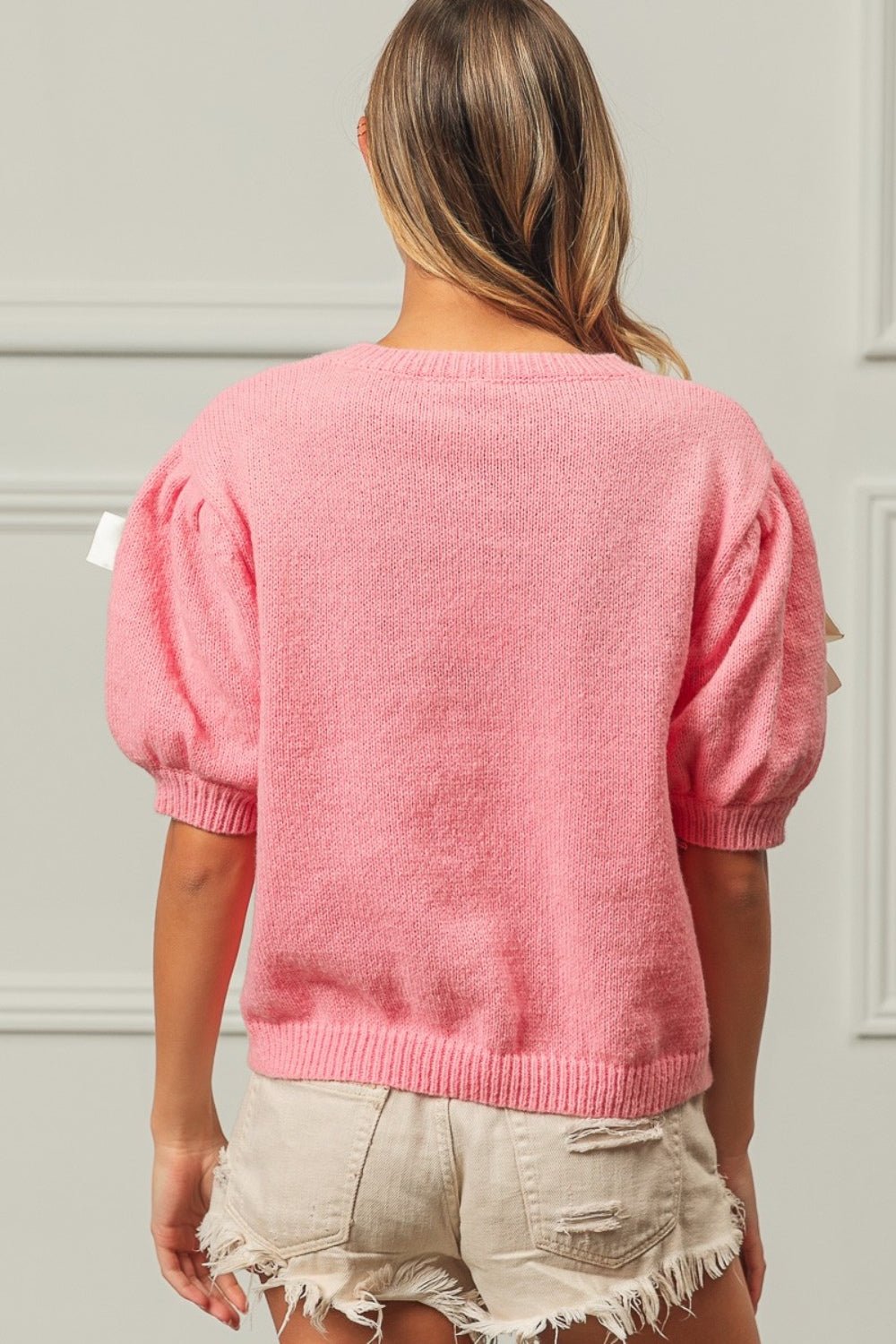 BiBi Ribbon Bow Detail Puff Sleeve Sweater - Loulou Boutique