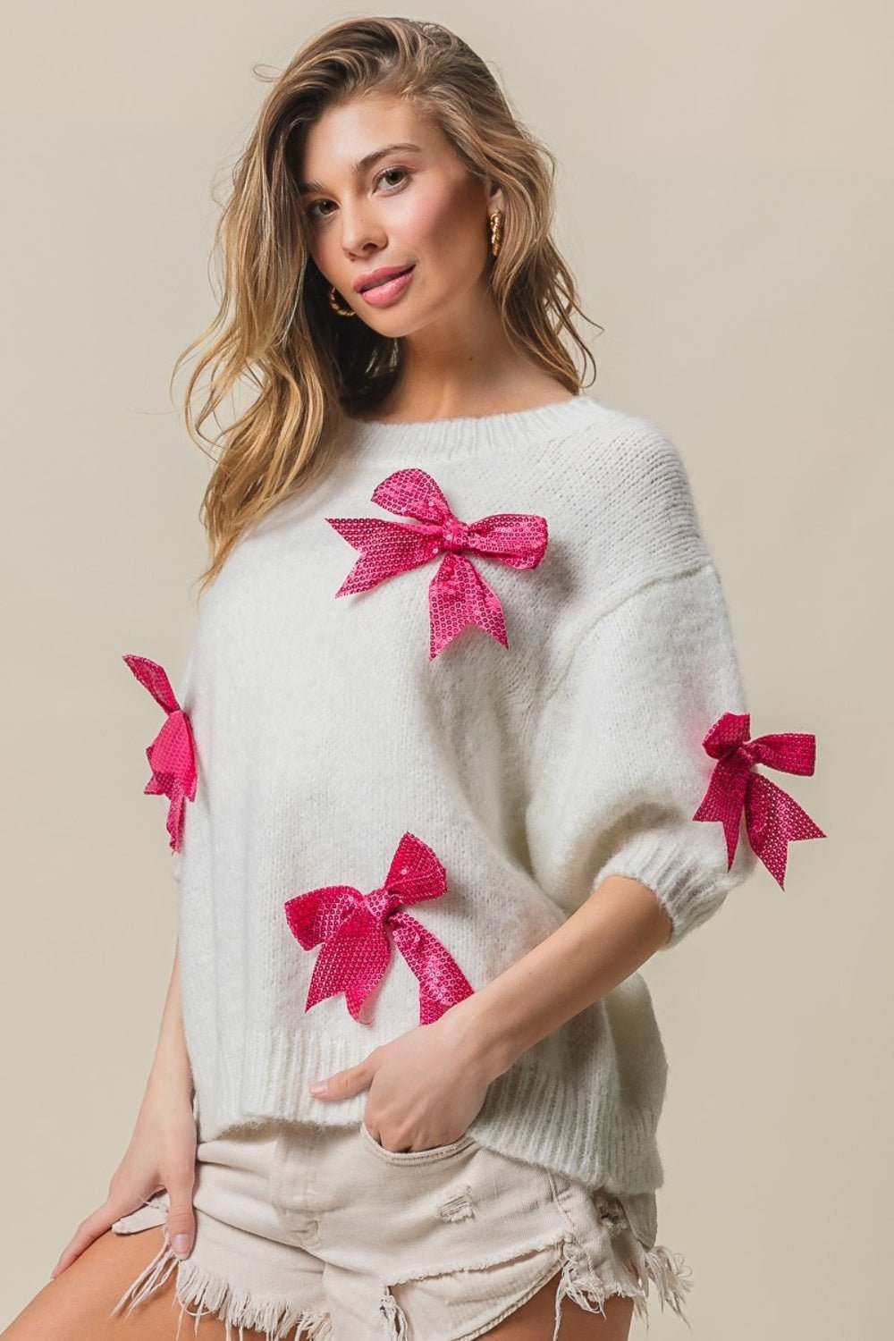 BiBi Sequin Bow Puff Sleeve Sweater - Loulou Boutique