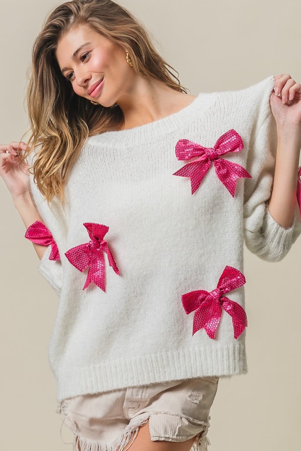 BiBi Sequin Bow Puff Sleeve Sweater - Loulou Boutique