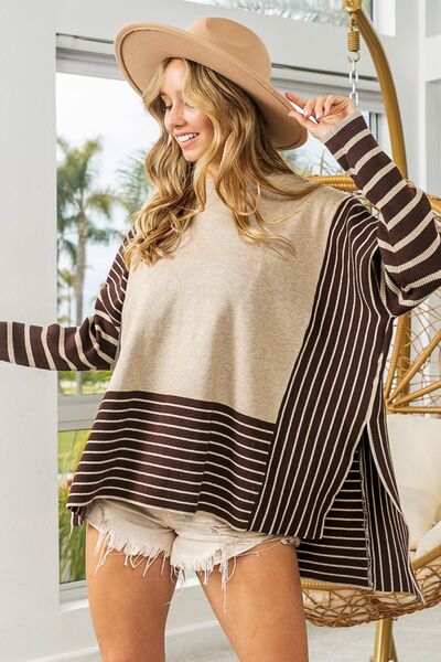 BiBi Striped Contrast Long Sleeve Slit Top - Loulou Boutique