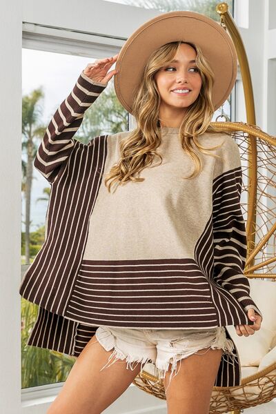 BiBi Striped Contrast Long Sleeve Slit Top - Loulou Boutique