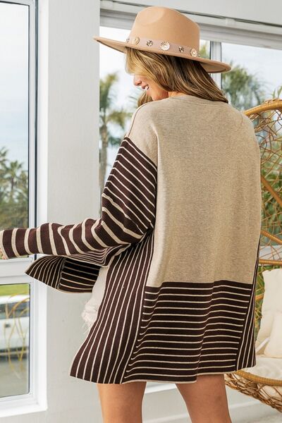 BiBi Striped Contrast Long Sleeve Slit Top - Loulou Boutique