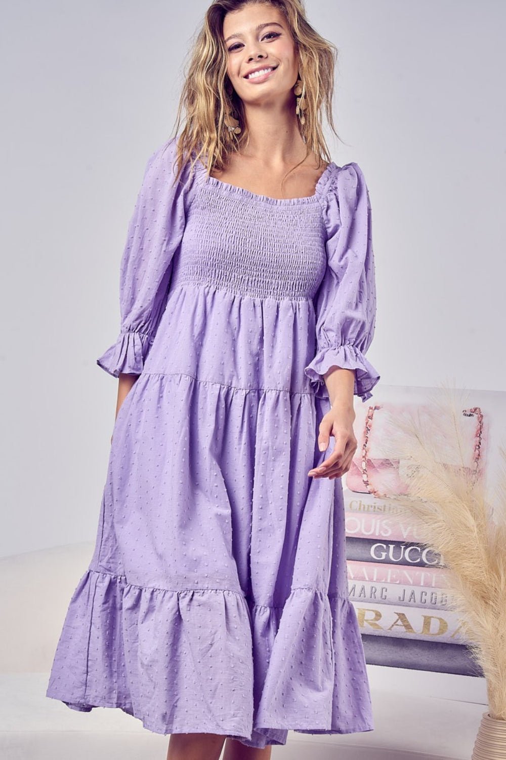 BiBi Swiss Dot Flounce Sleeve Smocked Tiered Midi Dress - Loulou Boutique