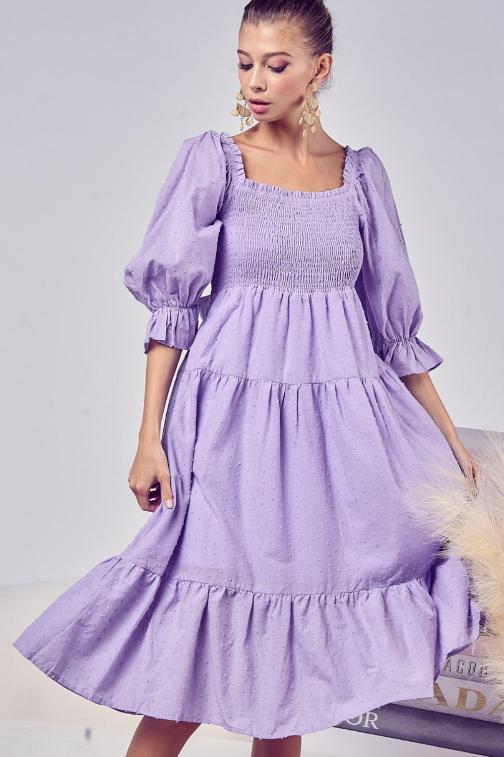 BiBi Swiss Dot Flounce Sleeve Smocked Tiered Midi Dress - Loulou Boutique