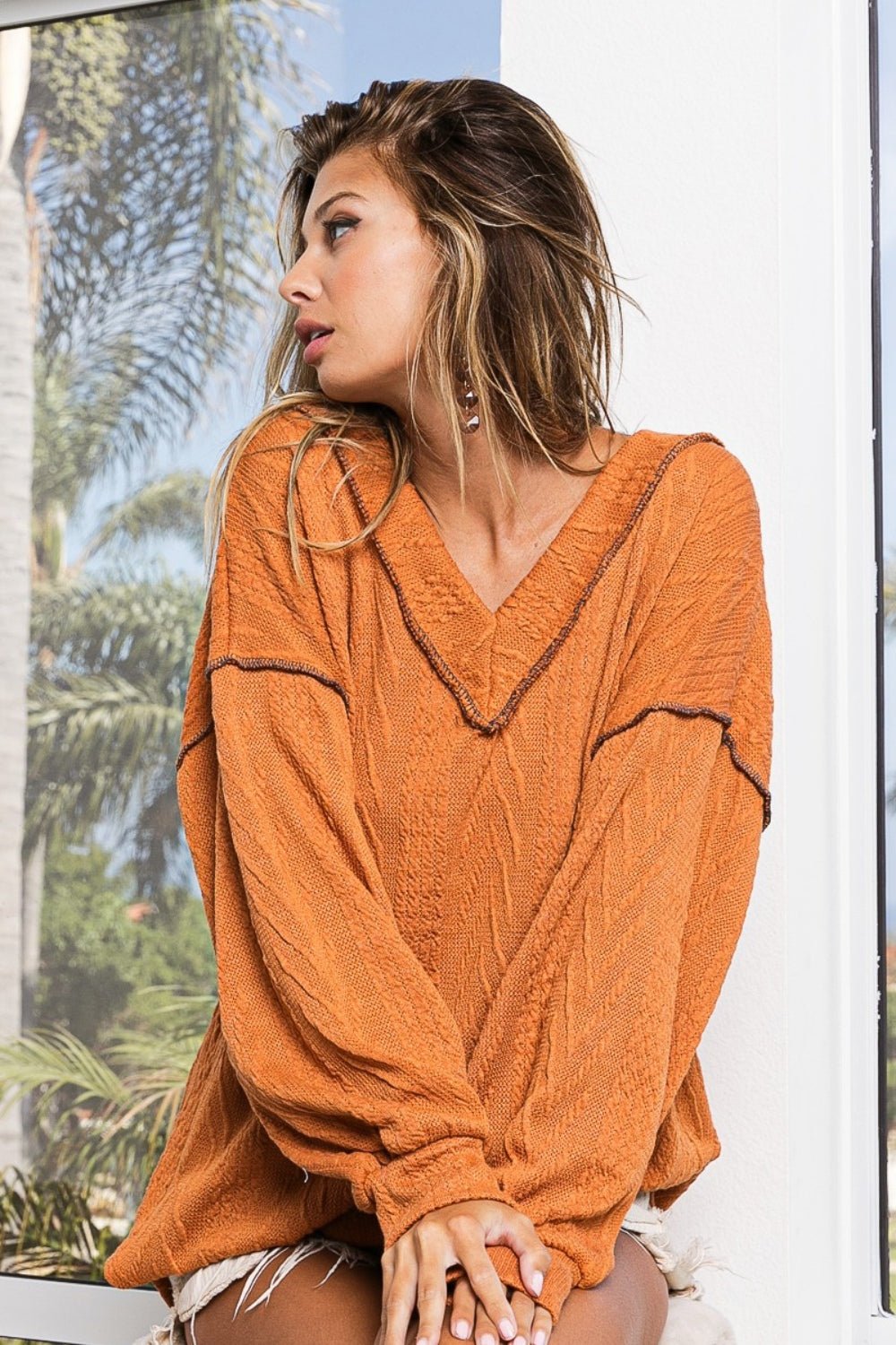 BiBi Textured Exposed Seam Drop Shoulder Knit Top - Loulou Boutique