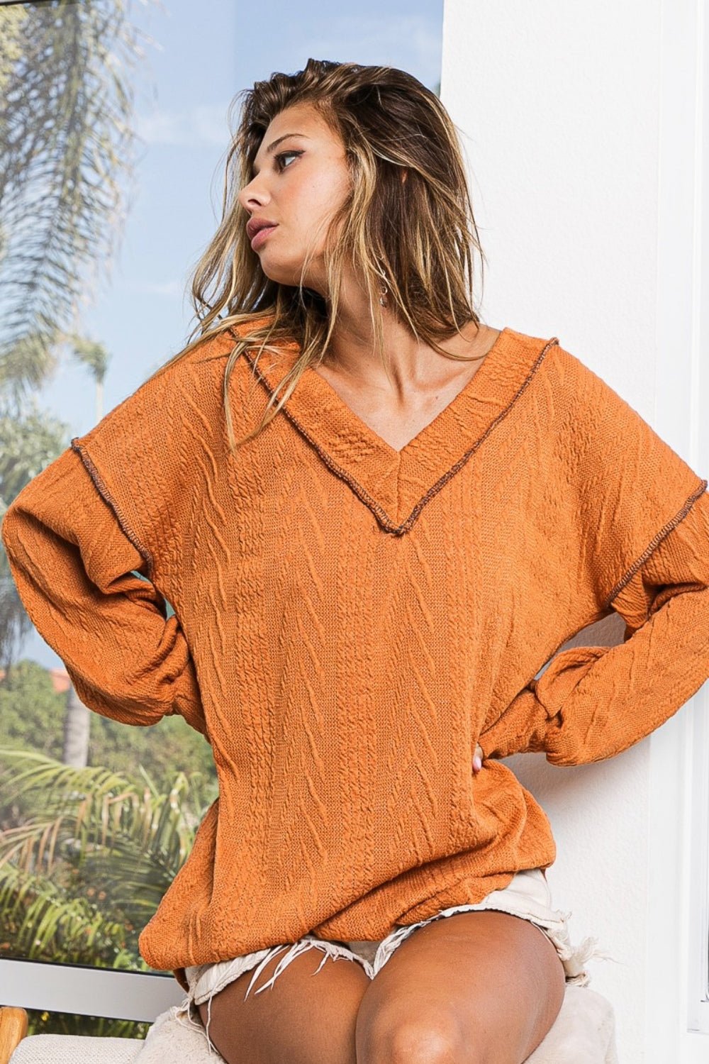 BiBi Textured Exposed Seam Drop Shoulder Knit Top - Loulou Boutique