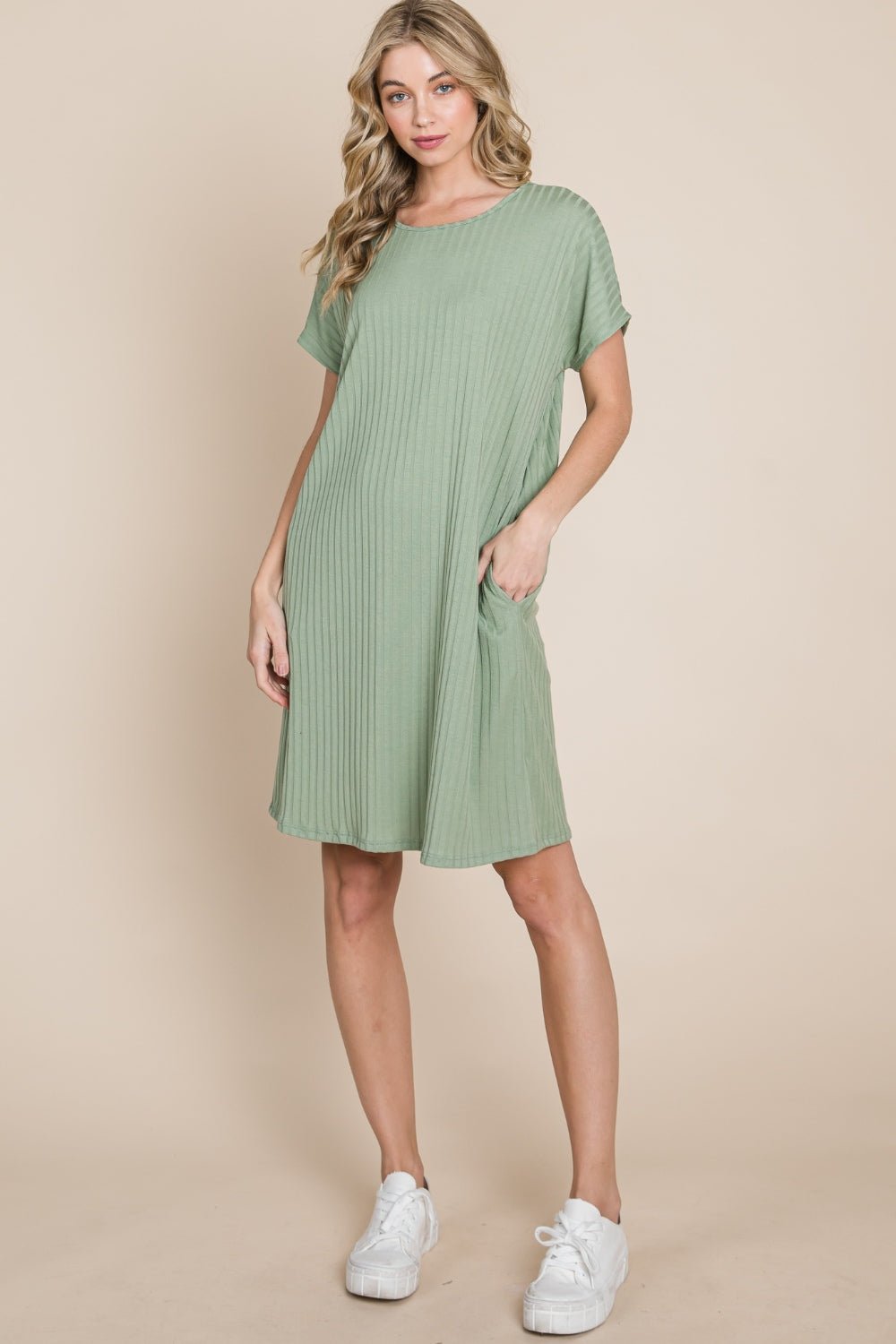 BOMBOM Ribbed Round Neck Short Sleeve Dress - Loulou Boutique