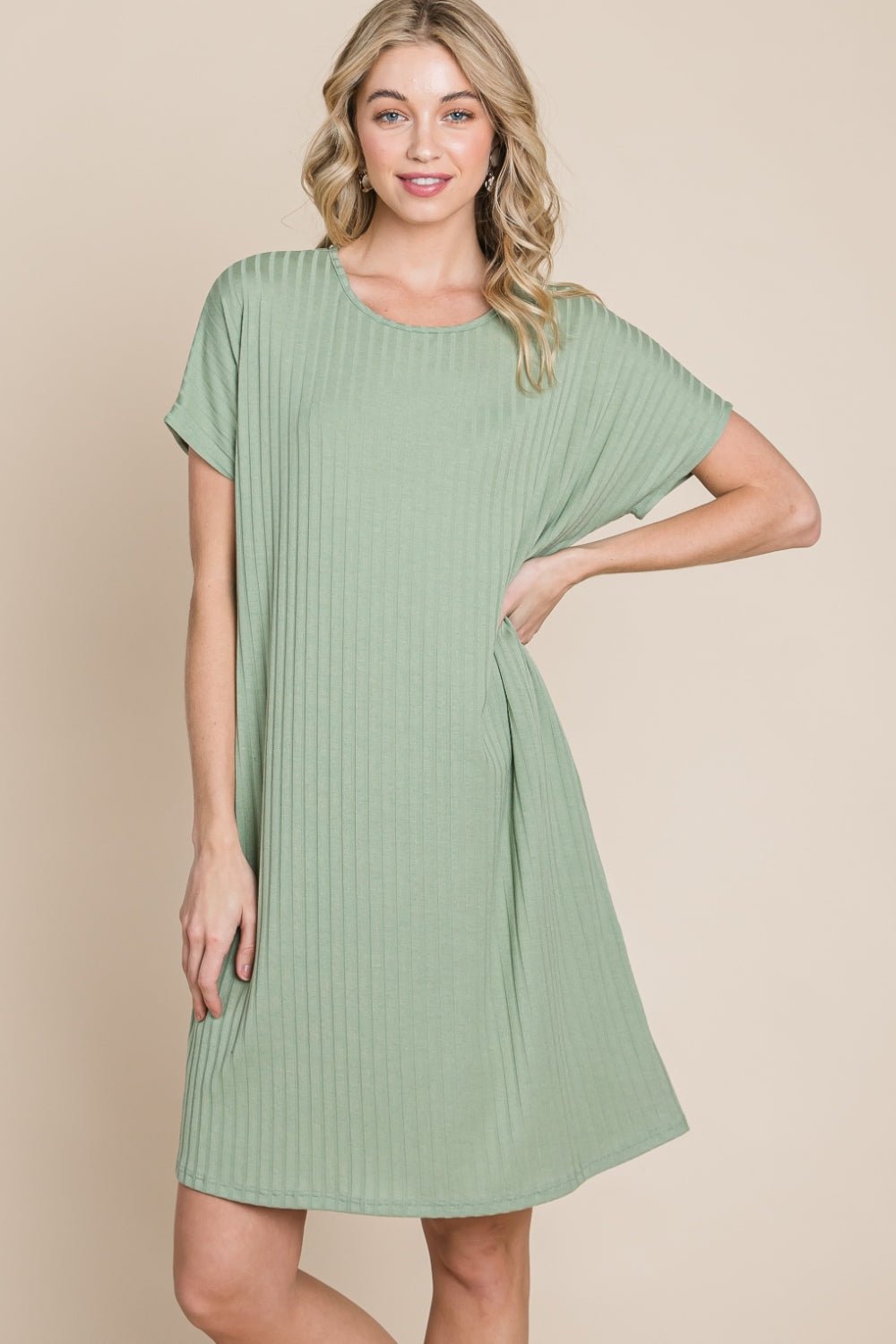 BOMBOM Ribbed Round Neck Short Sleeve Dress - Loulou Boutique
