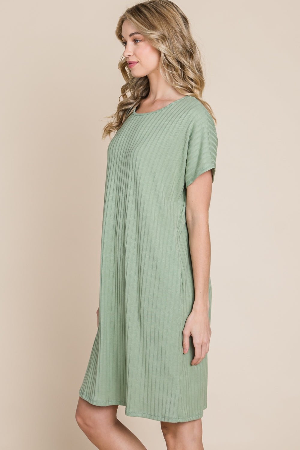 BOMBOM Ribbed Round Neck Short Sleeve Dress - Loulou Boutique