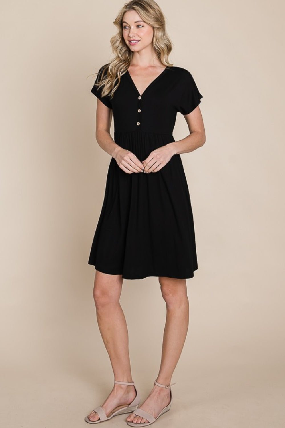 BOMBOM V - Neck Short Sleeve Dress - Loulou Boutique