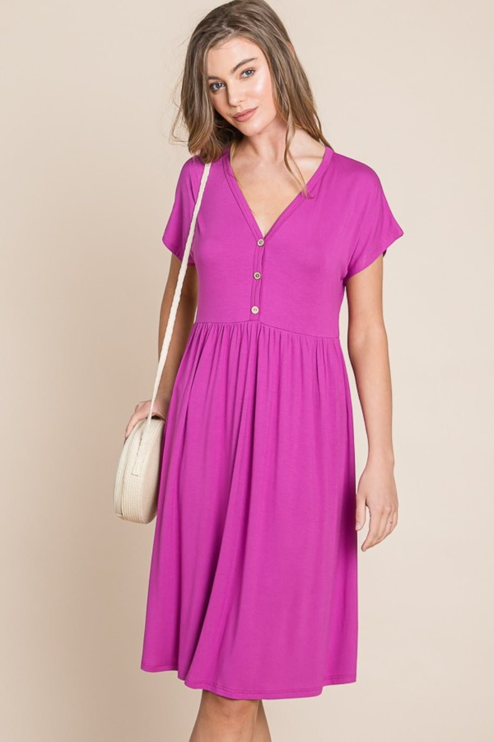BOMBOM V - Neck Short Sleeve Dress - Loulou Boutique