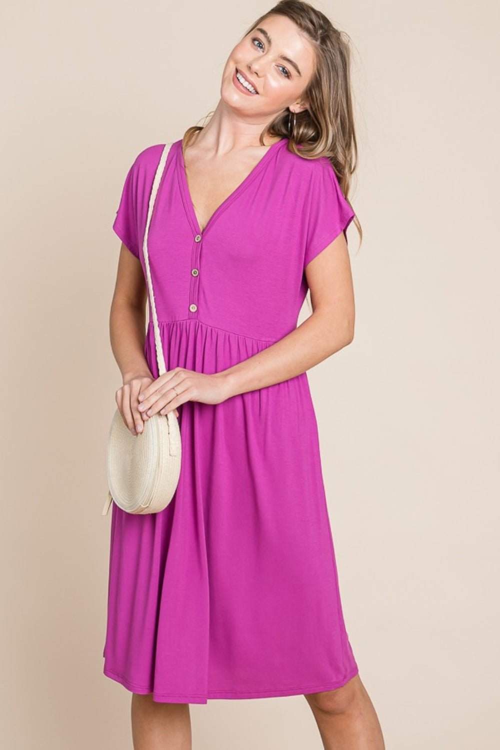 BOMBOM V - Neck Short Sleeve Dress - Loulou Boutique