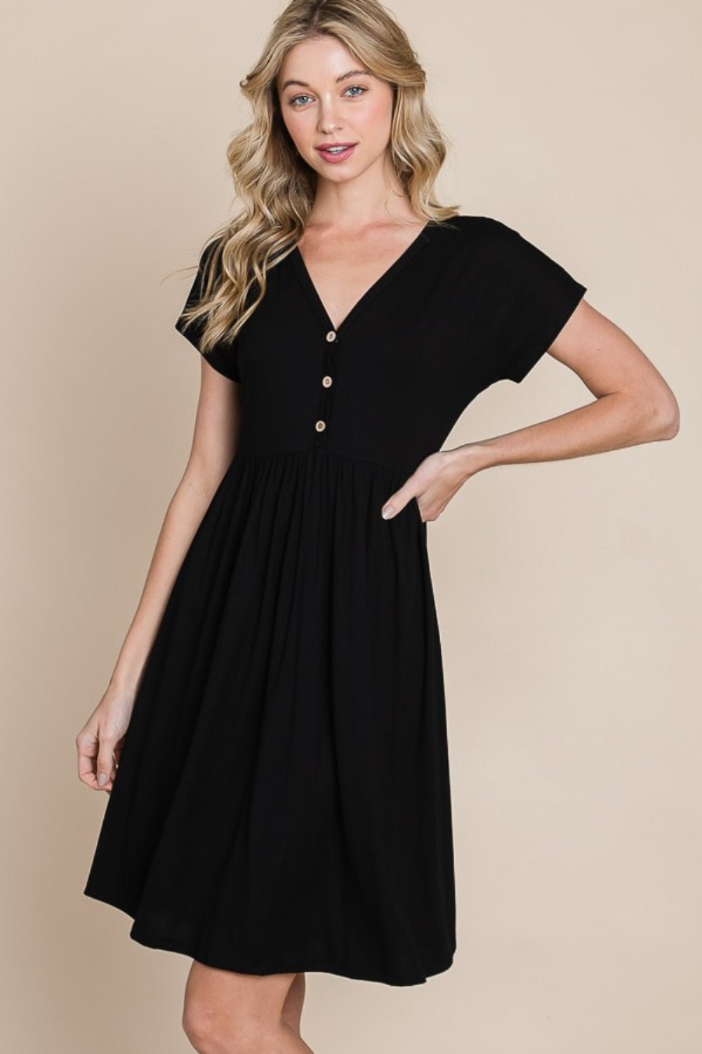BOMBOM V - Neck Short Sleeve Dress - Loulou Boutique