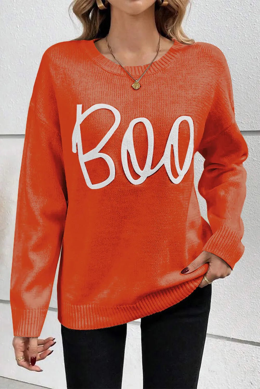 BOO Round Neck Long Sleeve Sweater - Loulou Boutique