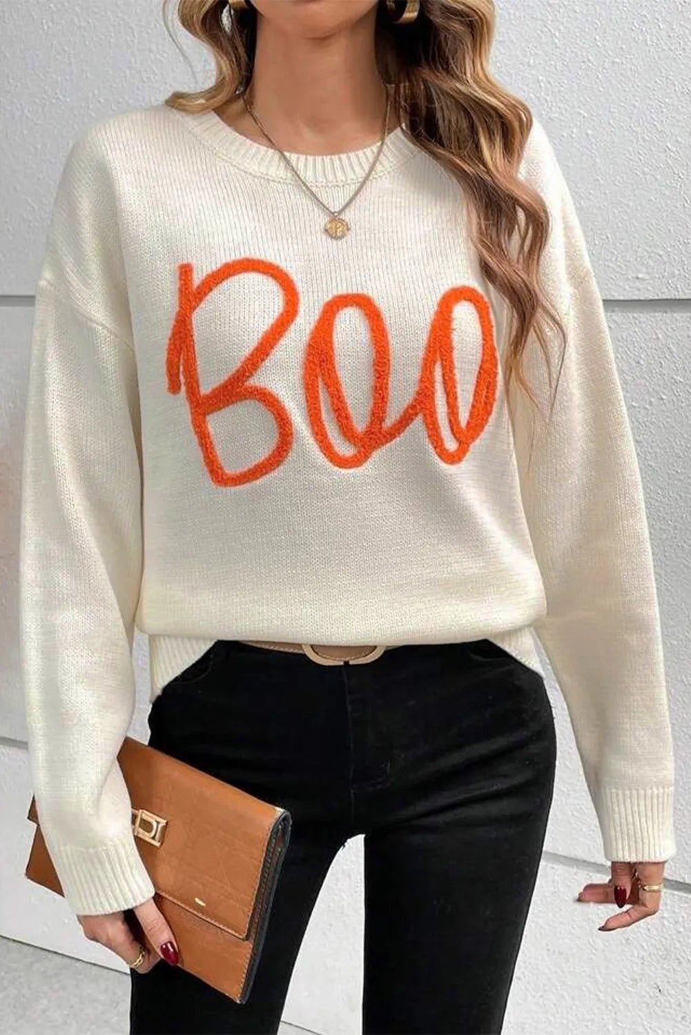 BOO Round Neck Long Sleeve Sweater - Loulou Boutique