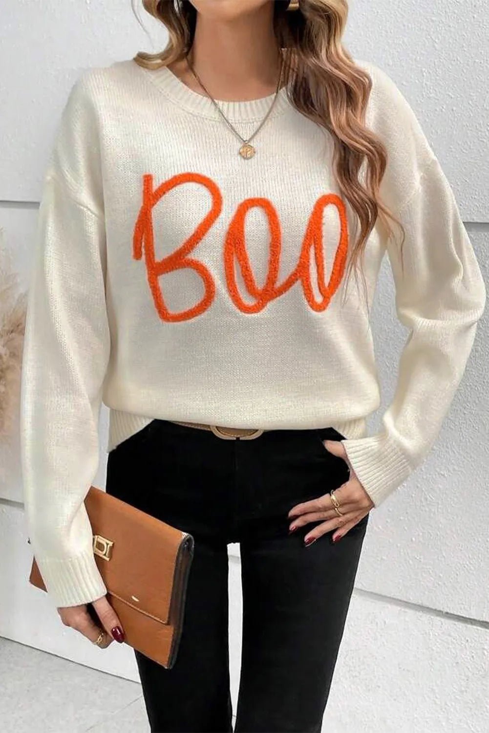 BOO Round Neck Long Sleeve Sweater - Loulou Boutique