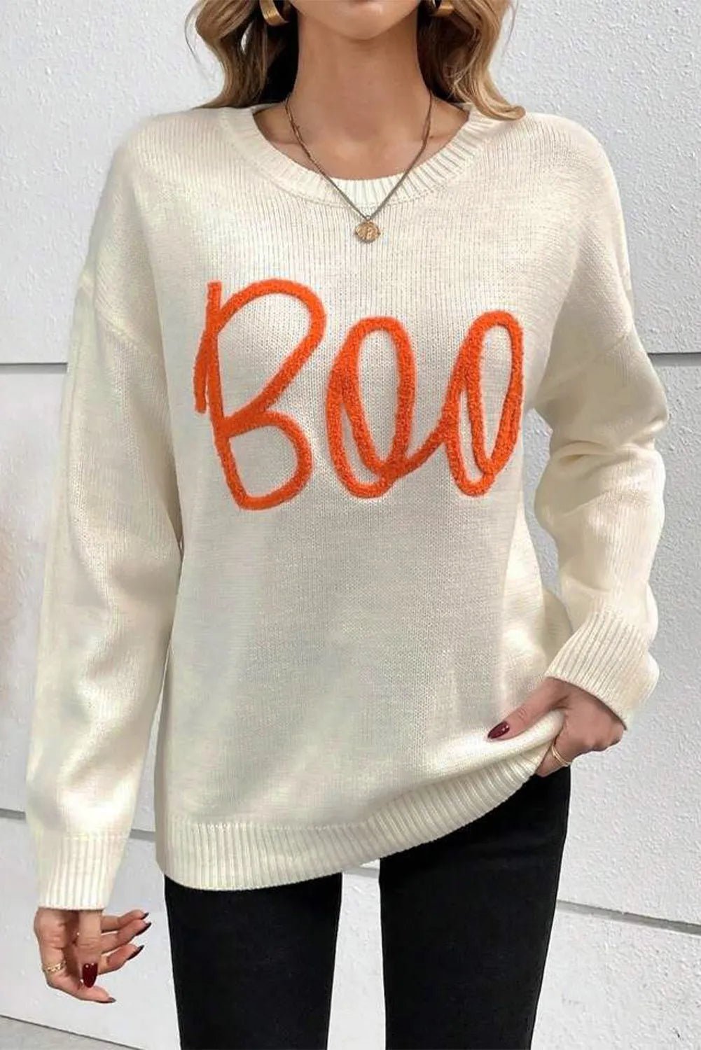 BOO Round Neck Long Sleeve Sweater - Loulou Boutique